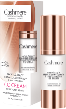 Cashmere CC Cream, nawilżający krem koloryzujący z niacynamidem, biała butelka i pudełko, widok z przodu.