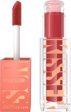 Maybelline Sunkissed Matte Blush, koralowy róż w płynie. Otwarty aplikator obok zamkniętej, przezroczystej butelki.