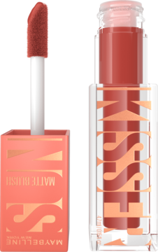 Maybelline Sun Matte Blush w koralowym odcieniu. Otwarty aplikator i zamknięta buteleczka widoczne obok.