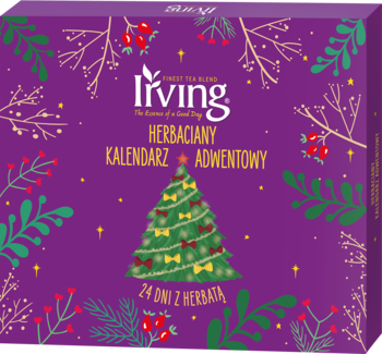 Fioletowy Irving Herbaciany Kalendarz Adwentowy z ilustracją choinki i 24 herbatami. Widok z przodu, świąteczne wzory.