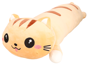 Kremowo-brązowa długa pluszowa poduszka kot w paski, z różowymi policzkami i uśmiechem, leży pod kątem.