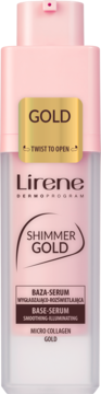 Lirene Shimmer Gold Base-Serum w różowej butelce z pompką, wygładzająco-rozświetlające z mikrokollagenem.