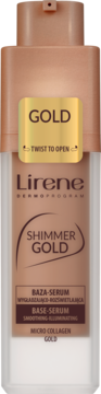 Brązowa butelka Lirene Shimmer Gold Baza-Serum wygładzająco-rozświetlająca z pompką i złotymi napisami, widok z przodu.