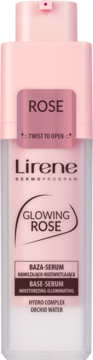 Różowe Lirene Glowing Rose Base-Serum nawilżająco-rozświetlające, butelka z pompką, widok z przodu.