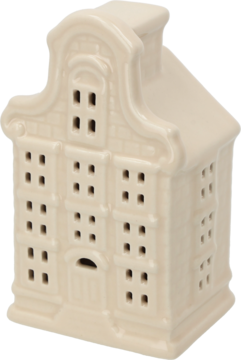 Eloy, beżowy porcelanowy domek LED 12cm, widok z przodu pod kątem, z ozdobnymi okienkami i gzymsami.