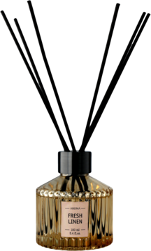 Dyfuzor zapachowy 100ml Fresh Linen, beżowa butelka z ryflowanego szkła i czarne patyczki, widok z przodu.