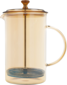 Bursztynowa szklana kawiarka tłokowa z drewnianą gałką, widok z przodu. Solidny metalowy tłok.