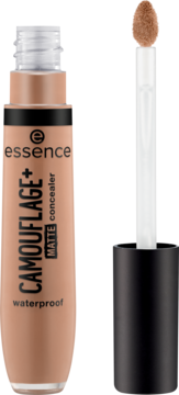 Beżowy korektor Essence Camouflage+ Matte Waterproof z aplikatorem, stojący pionowo, widoczne otwarte opakowanie.