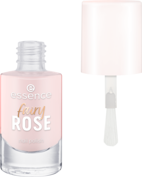 Lakier do paznokci Essence fairy ROSE 03, pastelowy róż. Szklana butelka z otwartym pędzelkiem, z przodu.