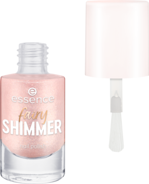 essence fairy SHIMMER lakier do paznokci 05, liliowy róż z złotym połyskiem, otwarta butelka z pędzelkiem.