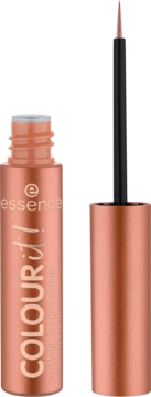 Essence COLOUR it! metaliczny eyeliner płynny 01 Burnished Bronze, otwarta butelka z aplikatorem.