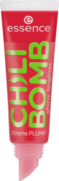 Czerwony błyszczyk Essence Chili Bomb shiny lipgloss Xtreme PLUMP w tubce z zielonymi napisami, widok z przodu.