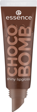 Brązowy błyszczyk essence CHOCO BOMB shiny lipgloss w tubce z połyskującymi drobinkami, widok z przodu.