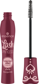 Bordowa mascara Essence Lash Princess false lash effect z otwartą butelką i aplikatorem obok, widok z przodu.