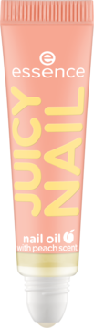 essence JUICY NAIL, brzoskwiniowy olejek do paznokci w pastelowej tubce z białym aplikatorem roll-on, widok z przodu.