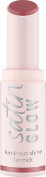 Jasnoróżowa pomadka Essence Satin Glow Luminous Shine, Rose And Shine, z wysuniętym ciemnoróżowym wkładem. Widok z przodu.