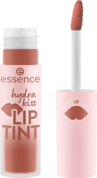 Essence Hydra Kiss Lip Tint, odcień 10 Blushing Nude, z wyjętym aplikatorem. Jasny, cielisty kolor na różowym tle.