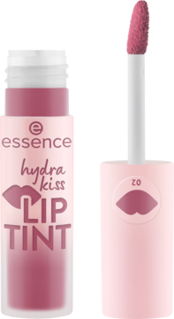 Essence Hydra Kiss Lip Tint, różowy 02 Vintage Rose. Matowa butelka i aplikator obok siebie, widok z przodu.