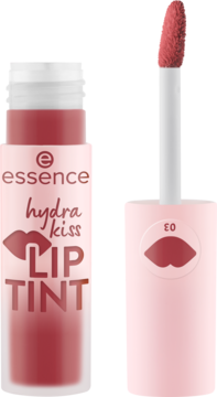 Essence Hydra Kiss Lip Tint Rosy Blossom, koralowy tint w buteleczce, obok wyciągnięty aplikator.