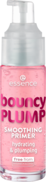 essence bouncy PLUMP SMOOTHING PRIMER, nawilżający różowy primer w przezroczystej butelce z pompką, widok z przodu.