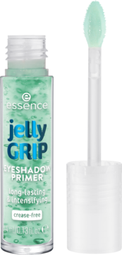 Essence Jelly Grip Eyeshadow Primer, zielony żel w butelce, aplikator obok, długotrwały i bez zagnieceń.