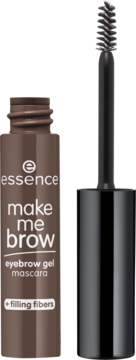 Essence make me BROW eyebrow gel mascara w brązowej butelce z otwartym aplikatorem i szczoteczką spiralną.