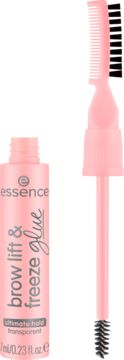 Różowy żel do brwi essence brow lift & freeze glue z otwartym aplikatorem dwustronnej szczoteczki.