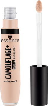 Korektor Essence CAMOUFLAGE+ MATTE w jasnym odcieniu, otwarta tubka z aplikatorem pokrytym produktem.