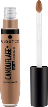 Essence Camouflage+ Matte Concealer, odcień 180, tubka z wyjętym aplikatorem i produktem w kolorze nude.