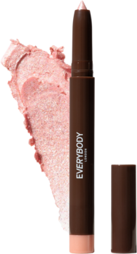 Brązowy cień w kredce Everybody London Shimmer Pen Rose Quartz i duża, błyszcząca, różowa smuga obok.