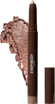 Everybody London Shimmer Pen Jewel, brokatowy cień w kredce, brązowy sztyft i błyszczący różowo-złoty swatch.