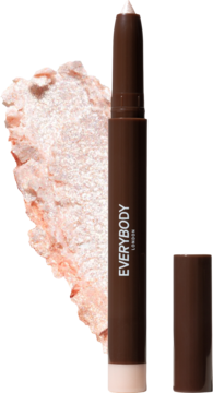 Brokatowy cień w kredce Everybody London Shimmer Pen Moonlight, otwarta, brązowa, z różowym brokatowym swashem.