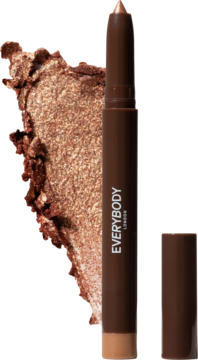 Brązowy cień w kredce Everybody London Shimmer Pen Vivid Glow, obok błyszczący złoty swatch.