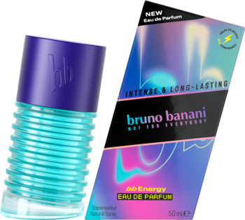 Męskie perfumy Bruno Banani bb Energy: turkusowa butelka z prążkami, fioletowy korek, obok holograficzne opakowanie 50ml.