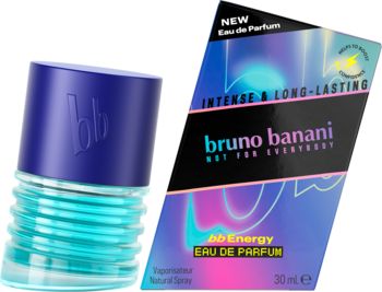 Męska woda perfumowana Bruno Banani bb Energy, turkusowa butelka i energetyczne opakowanie, ułożone pod kątem.