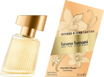 Bruno Banani Vanilla Muse, bursztynowa butelka EDP z prążkami i złotą nakrętką, obok beżowego pudełka z wanilią.