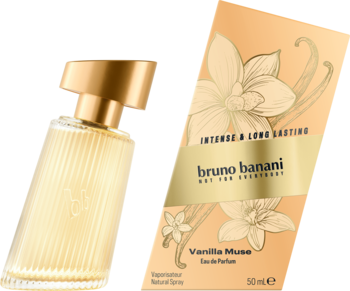 Bruno Banani Vanilla Muse: złota butelka perfum i beżowe opakowanie z wanilią, widok z przodu.