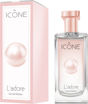 Perfumy ICÔNE L'adore, różowa woda perfumowana w szklanej butelce z perłą i różowym kartonikiem, widok z przodu.