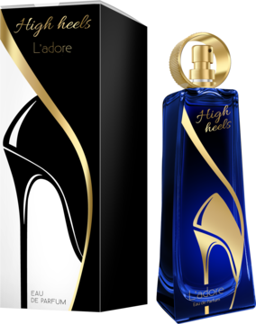 Perfum High Heels L'adore: elegancki zestaw, czarne pudełko i granatowa butelka ze złotym obcasem.