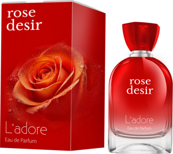 Czerwony flakon i pudełko Rose Desir L'adore Eau de Parfum z różą, widok z przodu pod kątem.