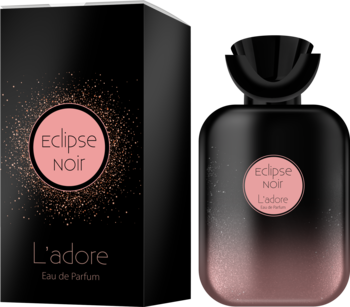 Perfumy Eclipse Noir L'adore EDP: czarna butelka i pudełko z różowym okręgiem i brokatem, widok z przodu.