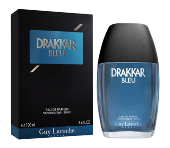 Męska woda perfumowana Guy Laroche Drakkar Bleu, niebieska butelka i czarne opakowanie z logo, widok z przodu.