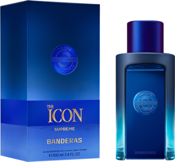 Ciemnoniebieskie pudełko i butelka The Icon Supreme Banderas EDP, męska woda perfumowana z nutą konopi.