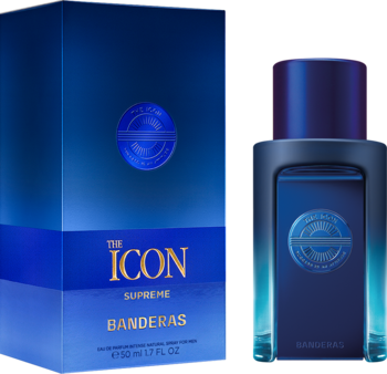 Męska The Icon Supreme Banderas EDP, butelka i pudełko w głębokim błękicie, widok z przodu ze złotym napisem.