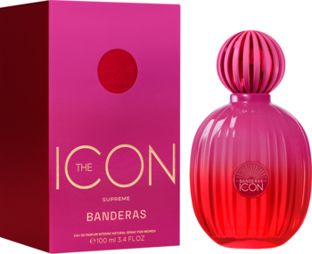 Woda perfumowana Icon Supreme Banderas: fuksjowo-czerwona butelka z prążkowanym korkiem obok pasującego pudełka.