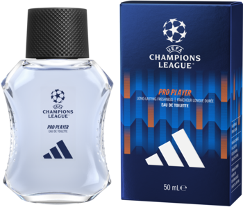 Adidas UEFA Champions League Pro Player EDT 50ml. Granatowe pudełko obok szklanej butelki, świeży zapach.