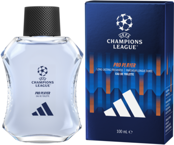 Adidas UEFA Champions League Pro Player EDT 100ml, świeży zapach w butelce i granatowym pudełku, widok z przodu.