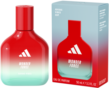 Adidas Vibes Wonder Force EDP 50ml. Czerwono-turkusowa butelka z białym logo i pudełko na jasnym tle.