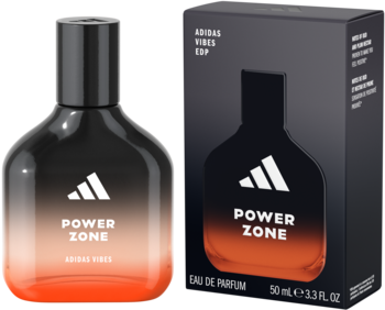 Woda perfumowana Adidas Power Zone, czarno-pomarańczowa butelka z logo i pasujące pudełko, przód.