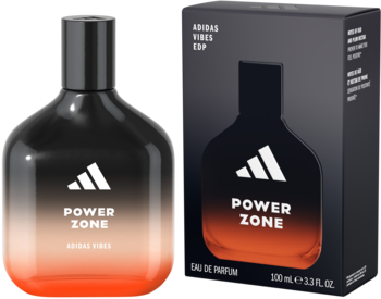 Flakon wody perfumowanej Adidas Vibes Power Zone 100ml, czarno-pomarańczowy gradient, obok pudełko z logo.